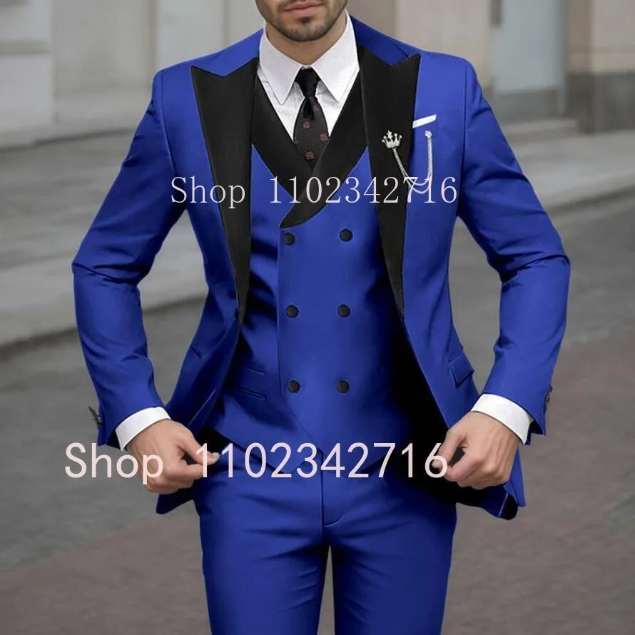 New Classic Beige Single Breasted Suits For Men Black Lapel Slim Fit Wedding Suit Groomsmen Formal Prom Party Suits 3 Piece Sets