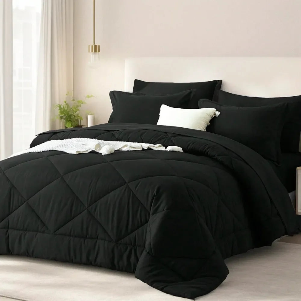 7 Piece Solid Color Bed Comforter Set Queen, Creative Geometric Pattern Design, Soft And Comfortable Summer Bedding Set.Bed In A