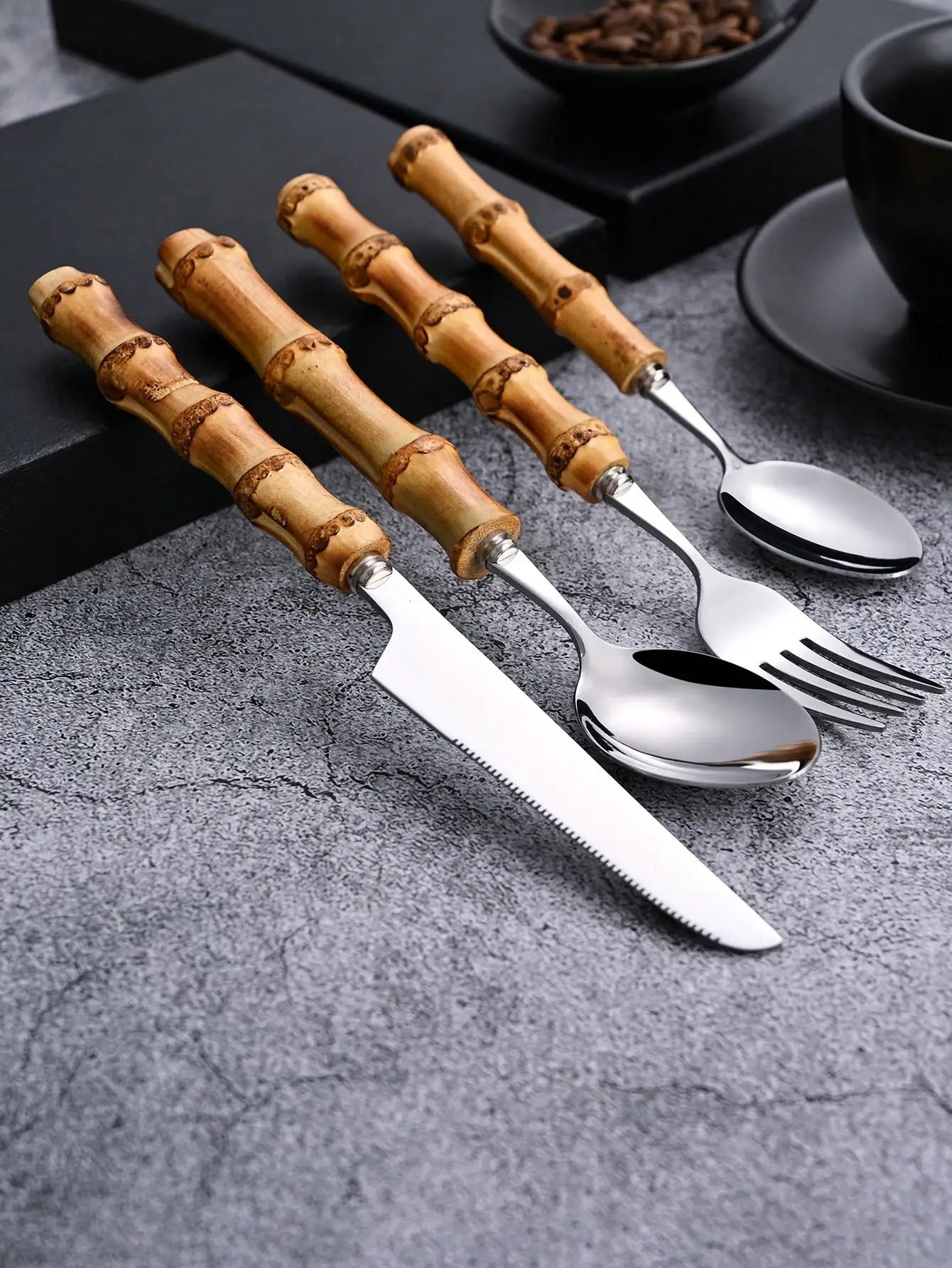30pcs/Set Stainless Steel Cutlery Set With Natural Bamboo Handles School Supplies,Christmas Gift