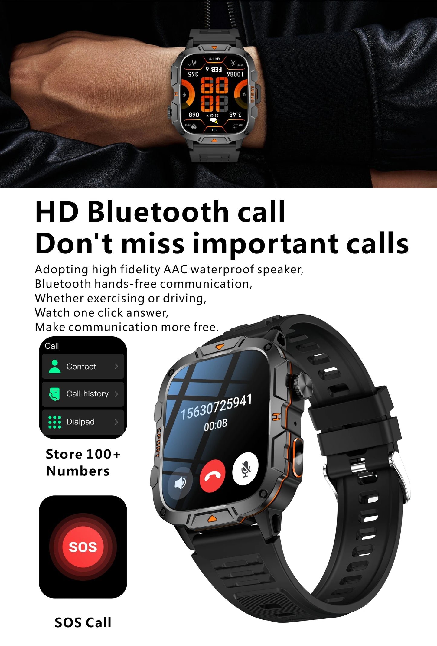 2025 New Military Grade Smart Watch Men 1.96" AMOLED Screen 5ATM Waterproof Simming Sports Fitness Tracker BT Call Smartwatches