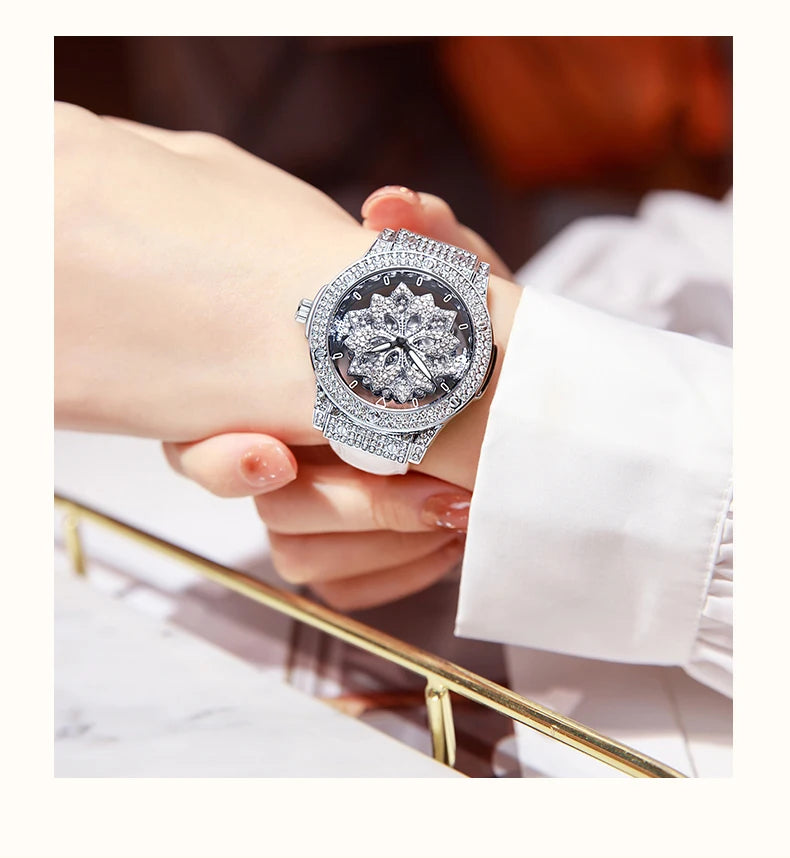 Popular women's watch with fashionable large dial, pentagram waterproof watch for girls, snowflake rotating hollow women's watch