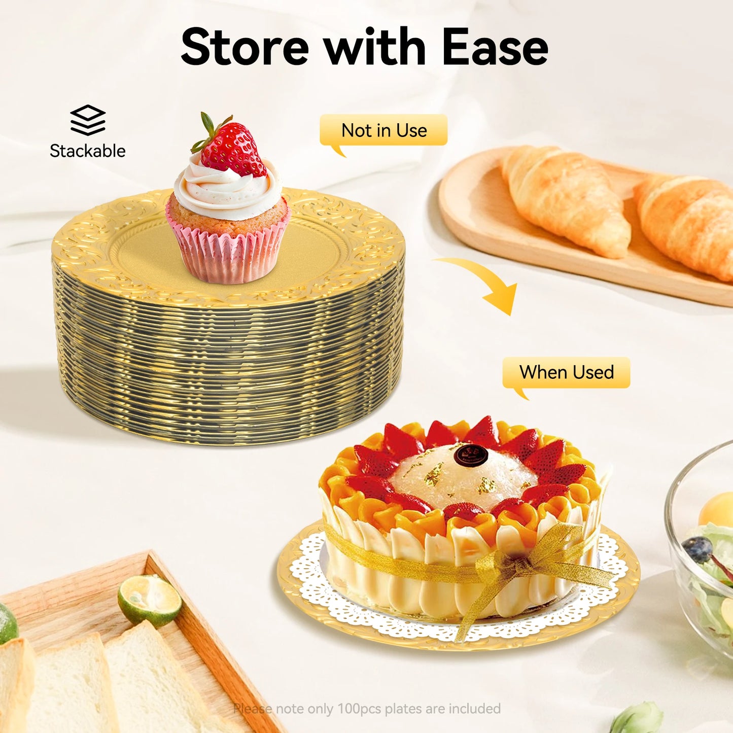 100-Pack Gold Charger Plates Set 12.9 Inch Embossed Round Disposable Serving Trays Christmas Wedding Party Decoration Plate ﻿