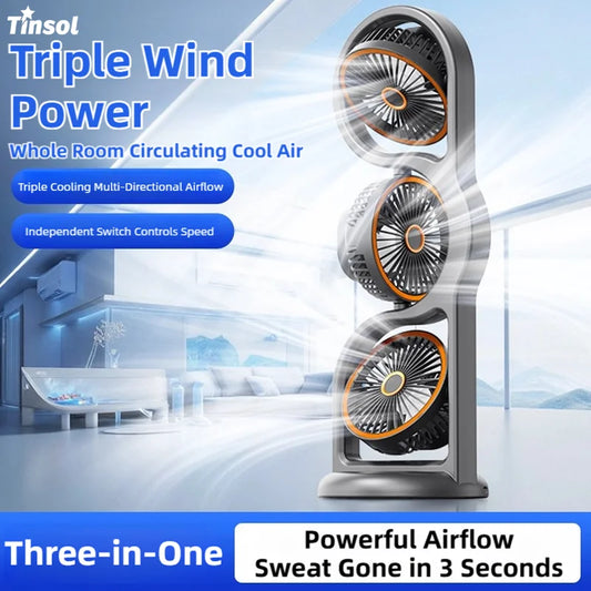 TINSOL New Portable USB Rechargeable Three-Head Fan – 360° Circulation, 5-Speed Wind, Dormitory and Outdoor Desktop Fan