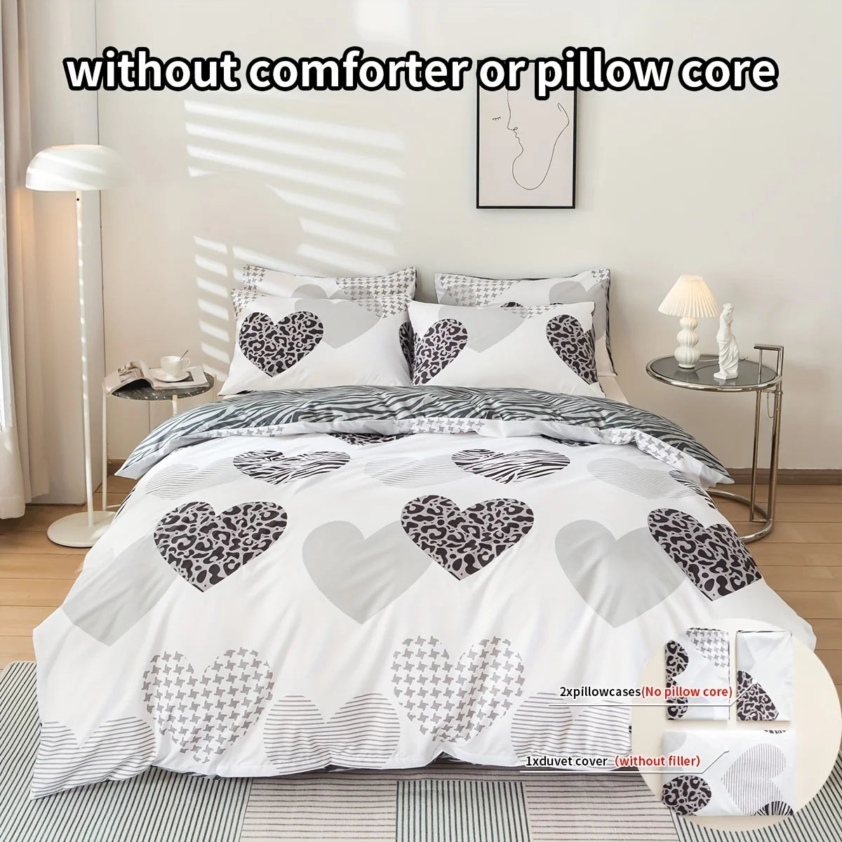Gray and White Heart-Shaped Leopard Print Three-Piece Quilt Cover Set, Skin-Friendly and Breathable Bedding, Suitable for All Seasons