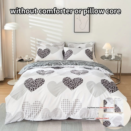 Gray and White Heart-Shaped Leopard Print Three-Piece Quilt Cover Set, Skin-Friendly and Breathable Bedding, Suitable for All Seasons