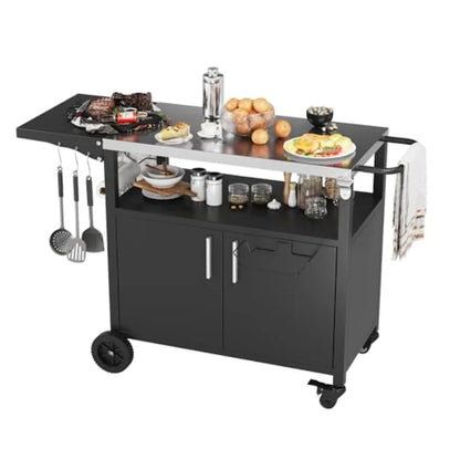 Outdoor grill cart for patio kitchen island use, black steel with foldable tabletop and storage cabinet, movable on wheels for
