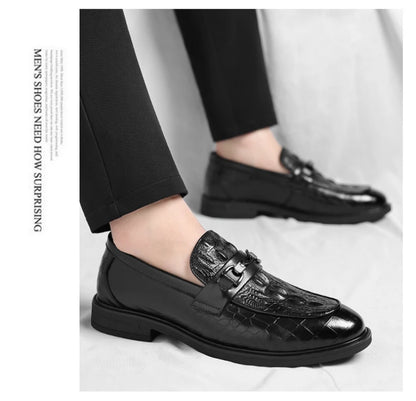 Mens Black Crocodile Embossed Leather Loafers With Metal Horsebit Buckle Thick Sole Formal Business Wedding Party Dress Shoes