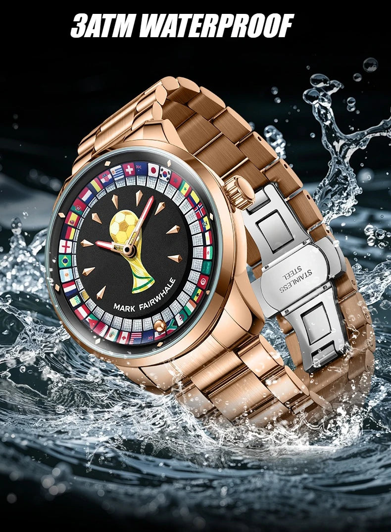 MARK FAIRWHALE 5087 Famous Football Sports Quartz Watch 360 ° Rotating Flag Dial Stainless Steel Strap Waterproof Watch for Man