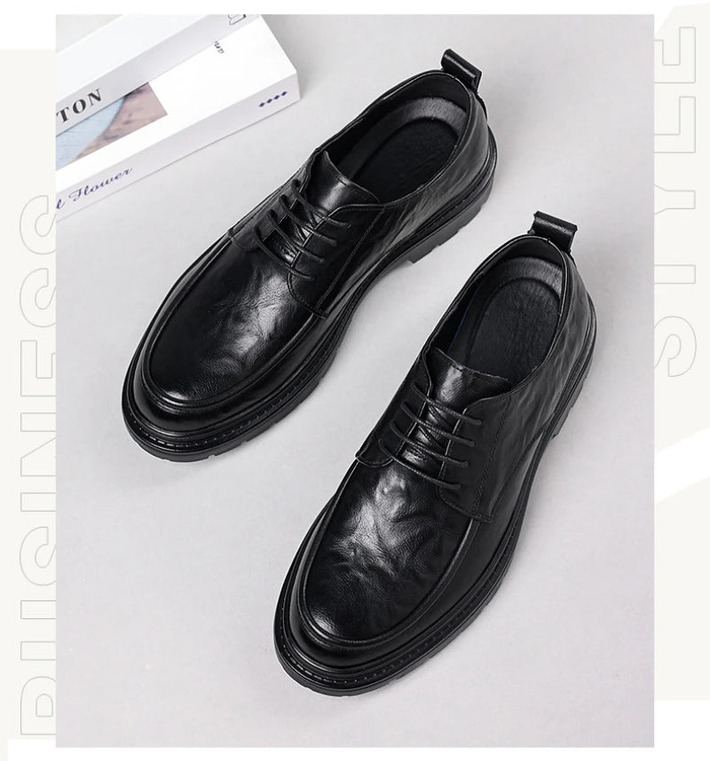 Mens Black Wrinkled Leather Apron Toe Lace Up Dress Shoes Thick Lug Sole Chunky Formal Business Office Work Daily Wear Shoes
