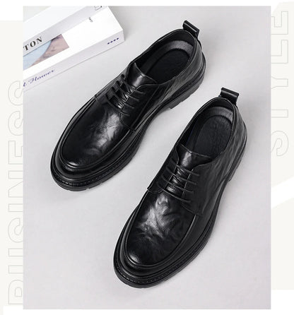 Mens Black Wrinkled Leather Apron Toe Lace Up Dress Shoes Thick Lug Sole Chunky Formal Business Office Work Daily Wear Shoes