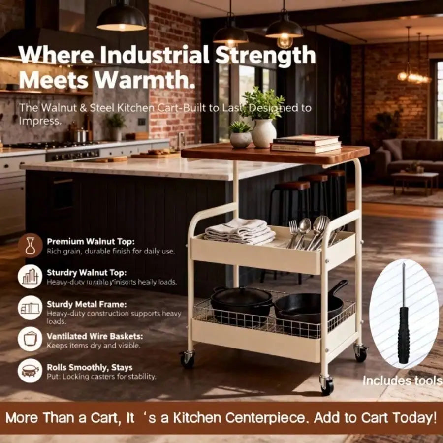 Three-Tier/Two-Tier Rolling Metal Kitchen Storage Trolley - 360° Lockable Casters, Heavy-Duty Metal Frame, Three-Tier Categorize