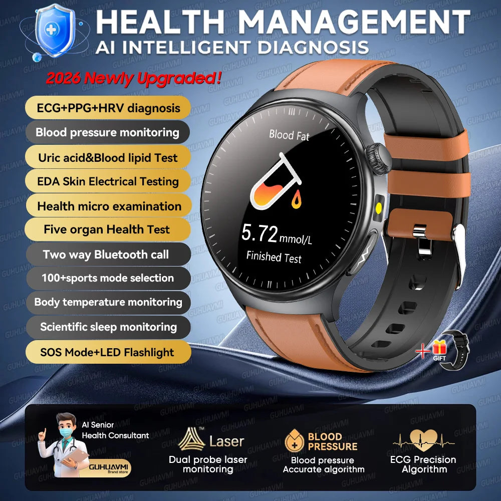 2026New High-end Health Smart Watch For Men Women Blood Lipids Uric Acid Blood Pressure Accurate Data ECG+PPG BT Call Smartwatch