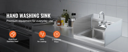 SucceBuy Commercial Hand Sink with Faucet and Side Splash Stainless Steel Sink for Washing Wall Mount Hand Basin for Restaurant