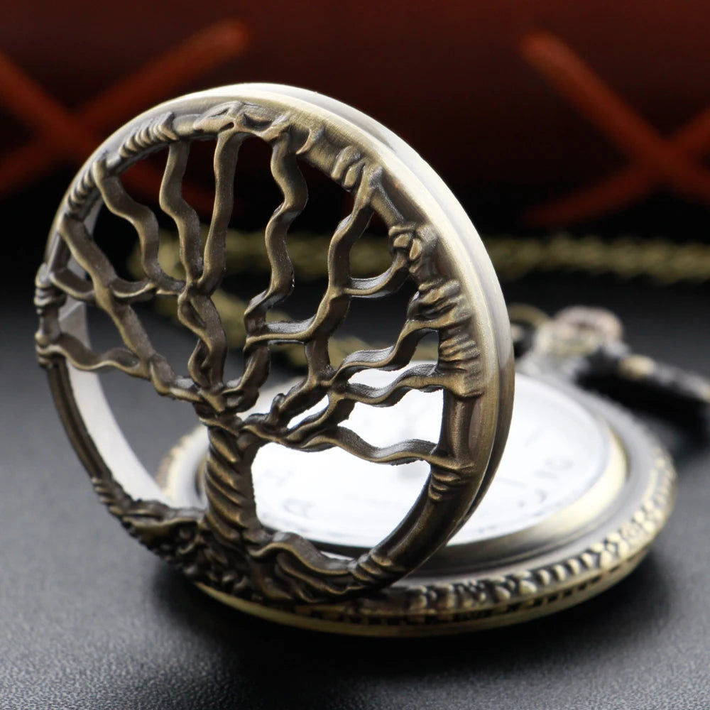 Steampunk Retro Bronze Hollow Tree of Life Quartz Pocket Watch With Fob Chain Women Watch Pendant Necklace Chain Men Gift CF1088