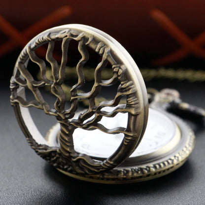 Steampunk Retro Bronze Hollow Tree of Life Quartz Pocket Watch With Fob Chain Women Watch Pendant Necklace Chain Men Gift CF1088