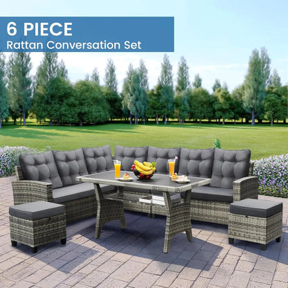6-Piece Patio Sectional Sofa Dining Set All-Weather Removable Cushion Covers Garden Porch Backyard, Custom