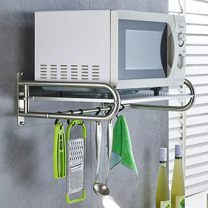Stainless Steel Microwave Utensils Shelf Wall Mount with 6 Hooks, Heavy Duty Kitchen Organizer Rack for Bathroom Pantry Storage