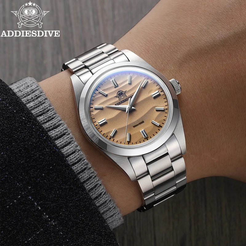 ADDIESDIVE Hot Sale AD2030 Without LOGO Watch Stainless Steel 100M Waterproof Quartz Watches 3D Sand Dial Men's Wristwatch Dress