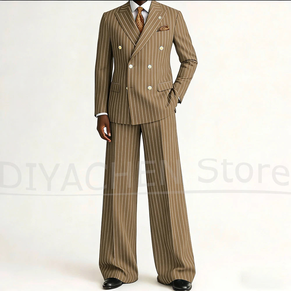 Men's Striped Double Breasted Suit Set Fashion Peak Lapel Formal Outfits 2 Piece Wedding Business Events Casual Male Suit