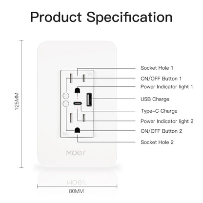 WiFi Smart Power Wall Socket with Type C And USB Dual Outlet Plug Power Outlets Support Alexa Google Home