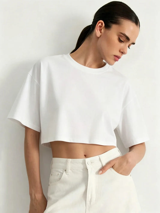 Black White Crop T-Shirt Women Cotton Soft Trendy Short Sleeve Crewneck All-Match Clothes Summer Casual Navel Exposed Tees