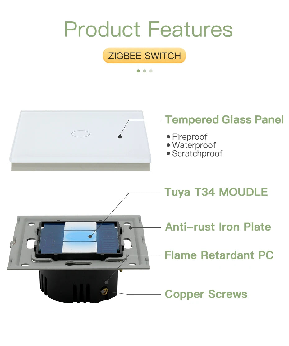 BSEED Zigbee Wall Switches Smart Touch Screen Light Switch 1/2/3Gang 1/2/3Way Google Alexa Tuya App Control No Neutral Line