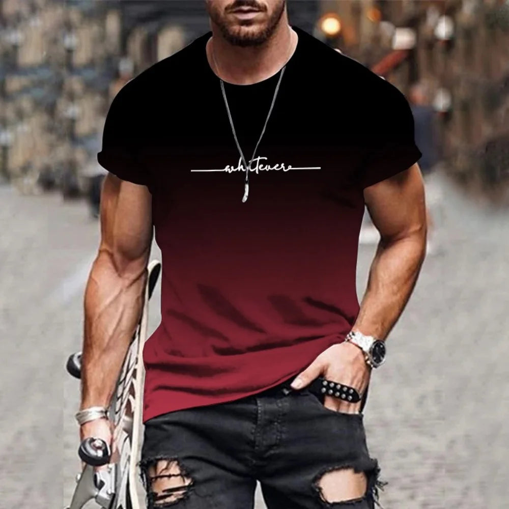 Trend gradient fashion printing 2024 new casual loose short-sleeved men's 3D digital printing T-shirt round neck loose version