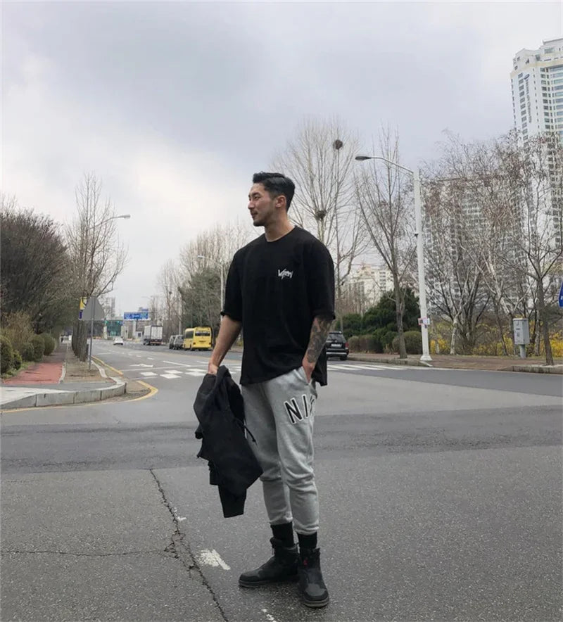 NEW Round Collar  sports T Shirt Oversize Cotton Summer Tee Training running shirt Man Streetwear Half Sleeve men T-shirt