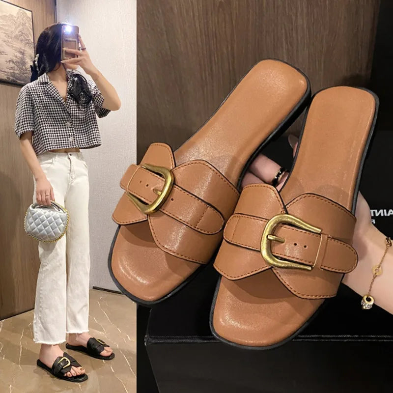 Summer Fashion Women's Slippers Leather Square Toe Women's Flats Flip-flops Sliding Sandals Women's Luxury Sandals