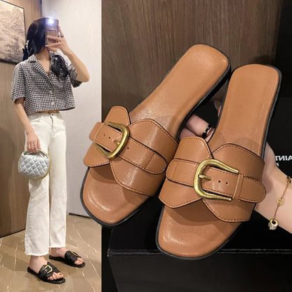 Summer Fashion Women's Slippers Leather Square Toe Women's Flats Flip-flops Sliding Sandals Women's Luxury Sandals