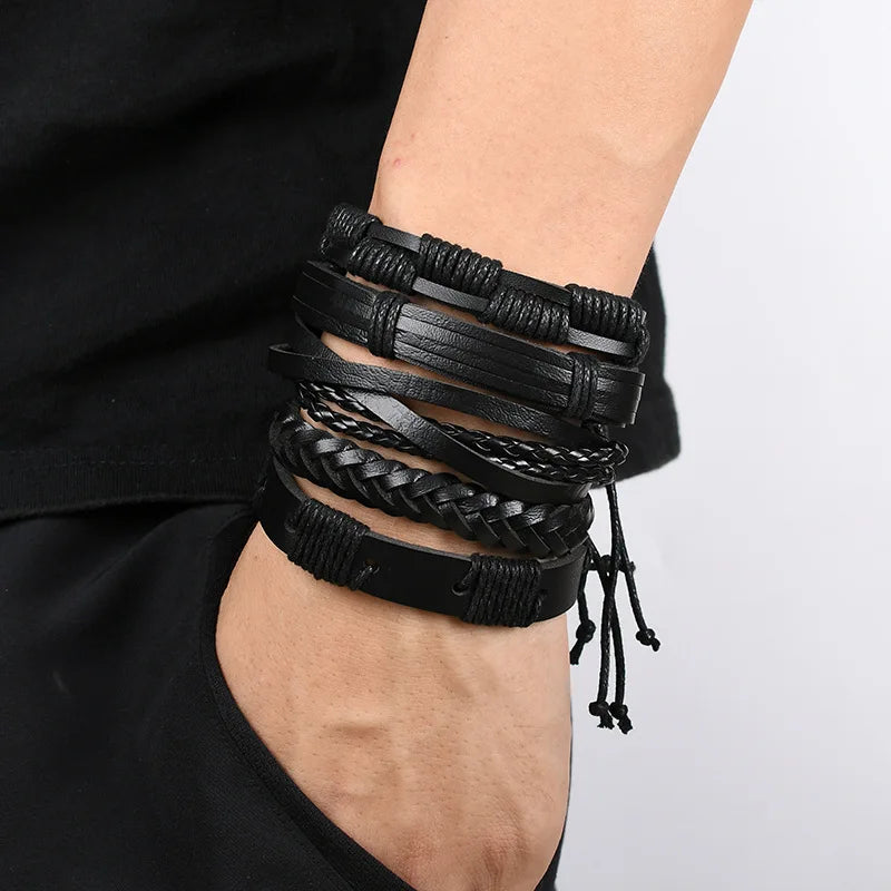 Fashion Bracelet Viking  Bracelet For Men Hand Bracelets Woven Skull Hand Jewelry Adjustable Leather Set viking man bracelet