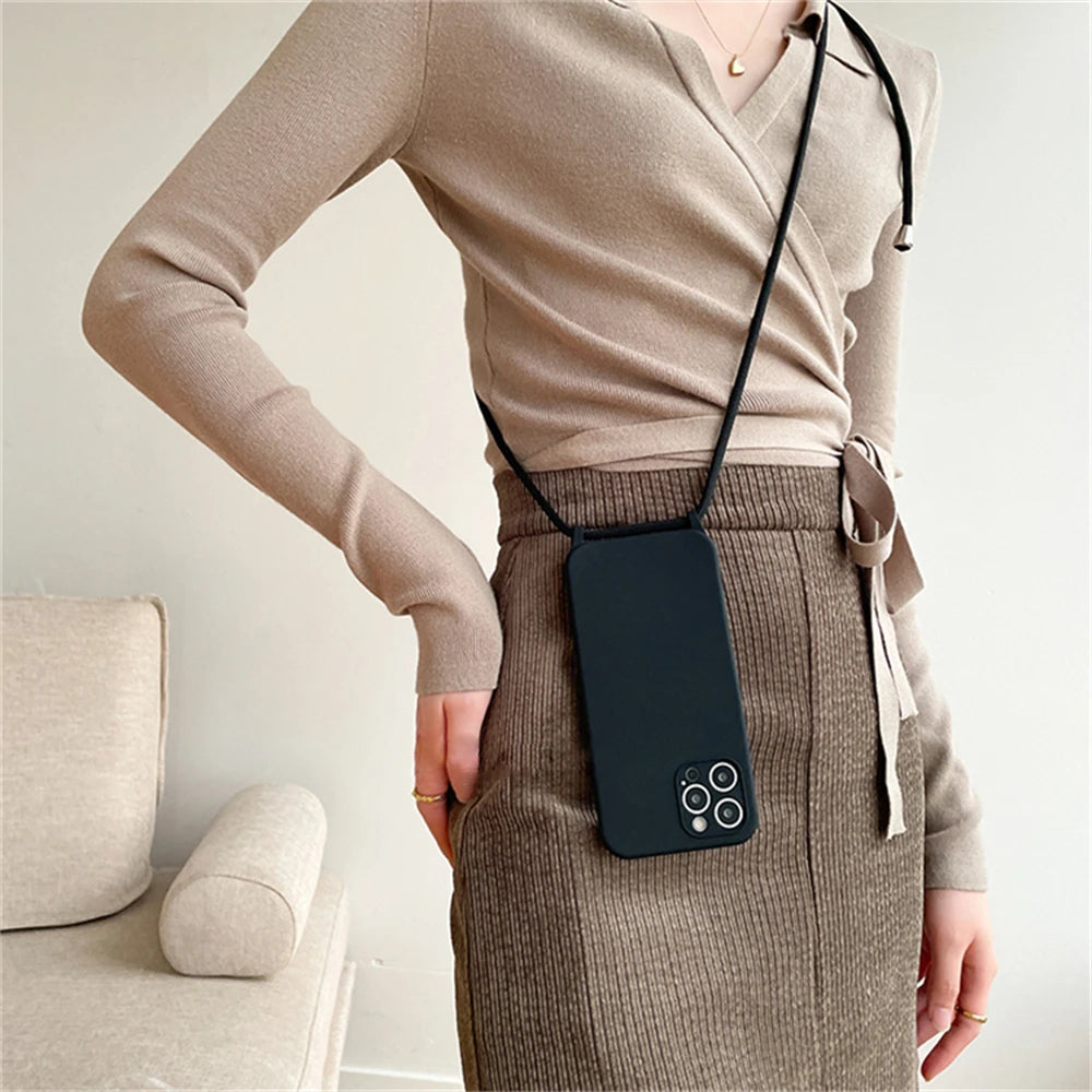 Crossbody Necklace Lanyard Cord Strap Liquid Silicone Case For iPhone 17 16 15 13 11 12 14 Pro Max XS XR X Plus Soft Candy Cover