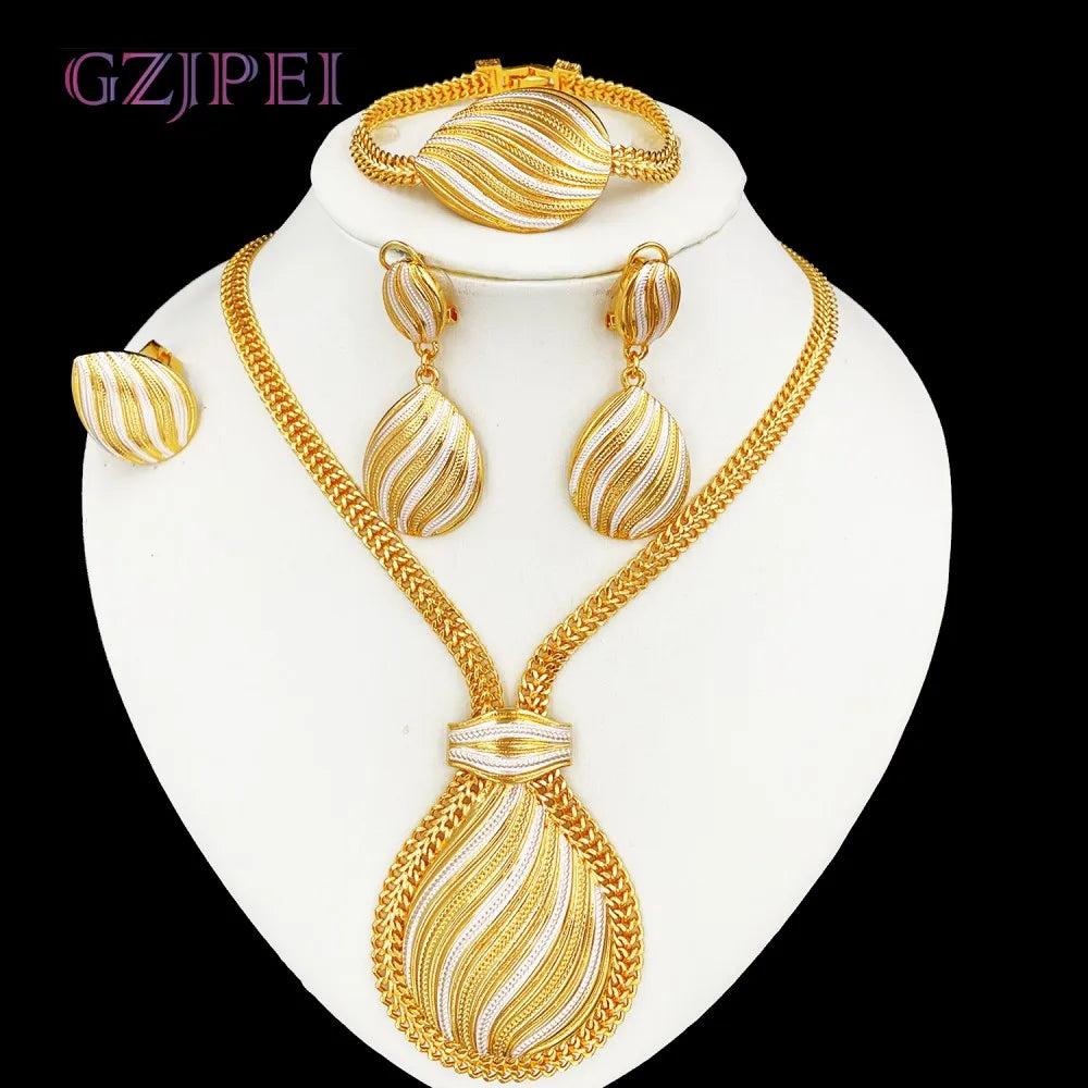 GZJPEI Two Tone Jewelry Set Gold Plated Big Pendant Necklace Bracelet Water Drop Earring Ring For Women Wedding Gifts 2025 New