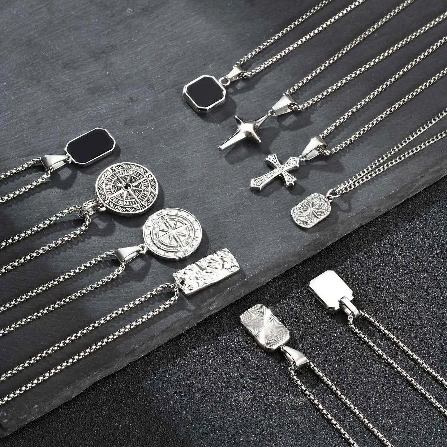 Men's Silver Color Geometric Pendant Necklace, Non Fading Stainless Steel Compass Necklace with Chain, Stylish Jewelry Gifts