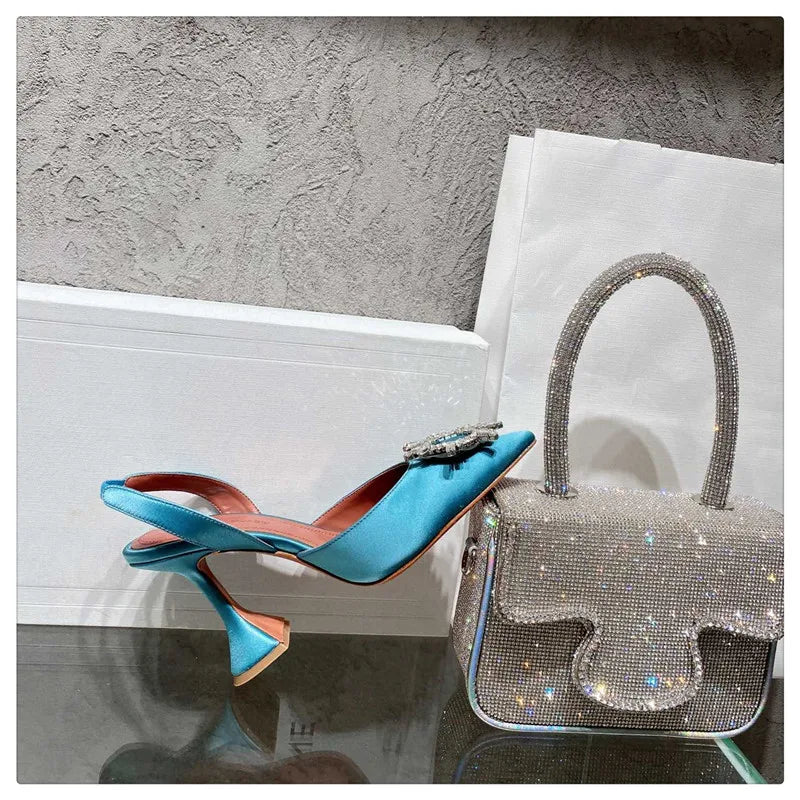2025 European and American Women's New Silk Sunflower Crystal Diamond Buckle High Heels Horseshoe Heel Women's Sandals