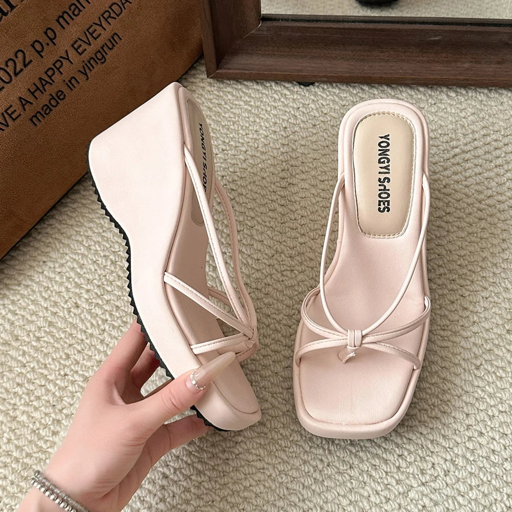 Sweet Butterfly Knot Design Women's Sandals Summer New Style Purple Slip-On Wedge Heel Outdoor Wearable Comfortable Slides