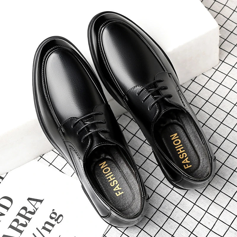 Mens Black Genuine Leather Lace Up Chunky Platform Oxfords Formal Business Office Groom Wedding Daily Wear Shoes Fashion Simple