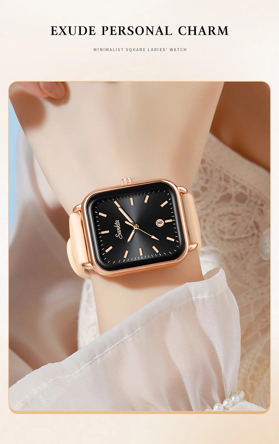Sunkta Fashion Elegant Woman Watch Square Luxury Retro Silicone Belt Auto Date Casual Waterproof Luminous Quartz Watches for Men