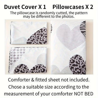 Gray and White Heart-Shaped Leopard Print Three-Piece Quilt Cover Set, Skin-Friendly and Breathable Bedding, Suitable for All Seasons
