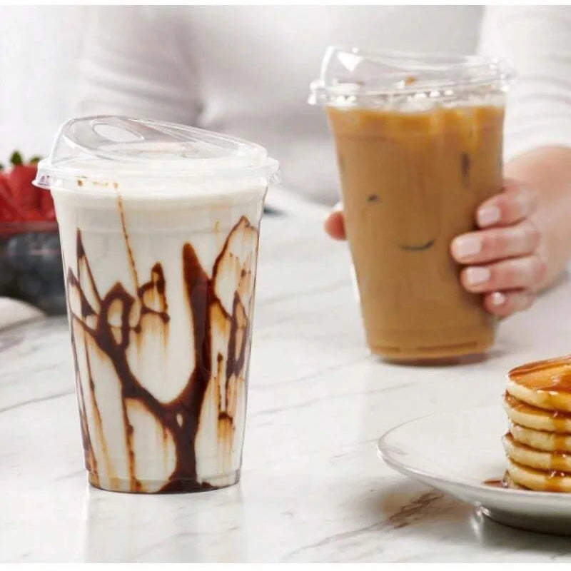 10-Pack Disposable Clear Plastic Coffee Cups with Lids - Food-Grade Leak-Resistant for Hot/Cold Drinks Home Office Parties