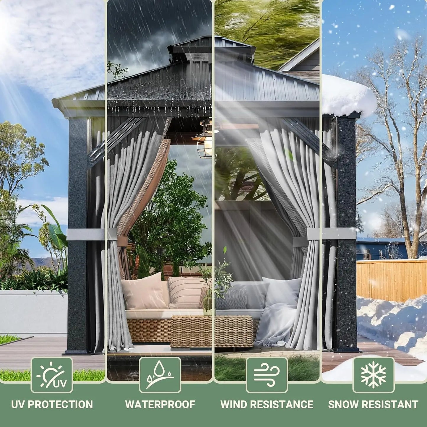 8x8FT Sturdy Hardtop Gazebo, Rustproof Aluminum Frame Double Steel Roof Outdoor Shelter with Decorative Curtains, Customized