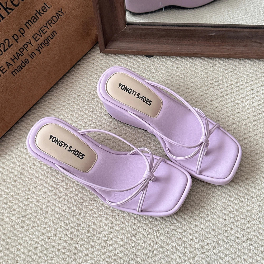 Sweet Butterfly Knot Design Women's Sandals Summer New Style Purple Slip-On Wedge Heel Outdoor Wearable Comfortable Slides