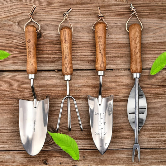 4pcs/set Heavy-duty Garden Tool,Durable Stainless Steel And A Sturdy Wooden Handle. Includes Hand Shovel, Trowel, Garden Rake
