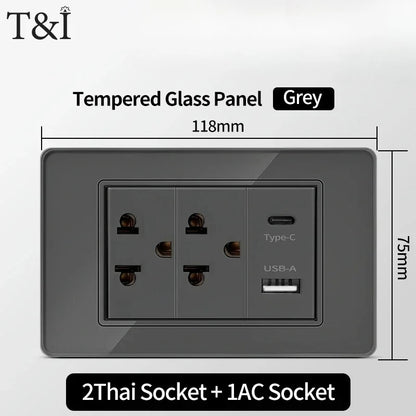 118*75mm TEMPERED GLASS SWITCH PANEL Wall Socket with USB Type - C, Grey US Switch, Thai Plug for Home & Office Use