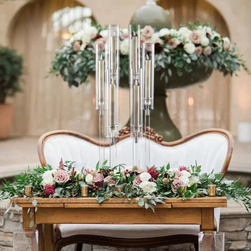 10Pcs Clear 6 Arm Candelabra Taper Candle Holder For Wedding Party Dining Table Banquet Event Decor