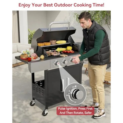 4-Burner Propane Grill with Side Burner 49000 BTU Gas Grill Stainless Steel Outdoor Grill with Cast Iron Grates and Side Tables