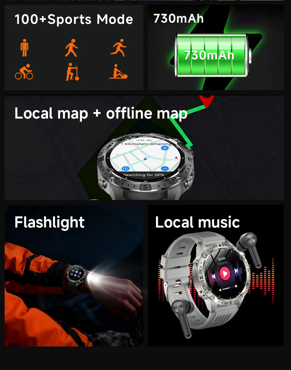 2026 Offline Map New Smart Watch 3ATM Waterproof GPS Navigation Compass Altimeter Flashlight Men 170+ Sports Bracelet Men Women
