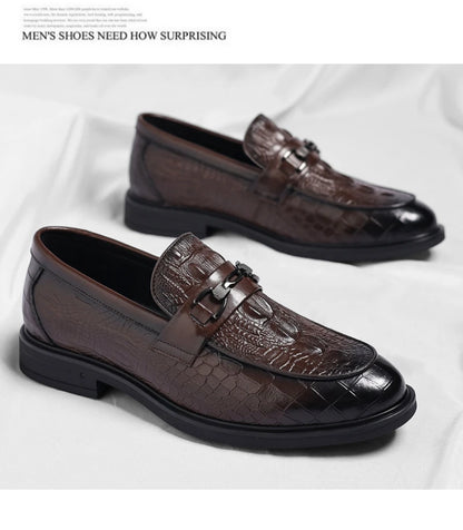 Mens Black Crocodile Embossed Leather Loafers With Metal Horsebit Buckle Thick Sole Formal Business Wedding Party Dress Shoes