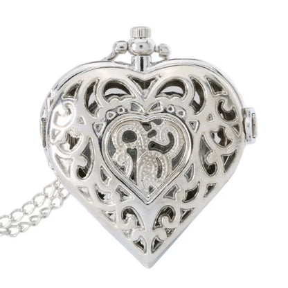 Romantic Silver Heart Shape Design Necklace Pendant Exquisite Quartz Pocket Watch FashionGift Fashion Clock For Female Ladies