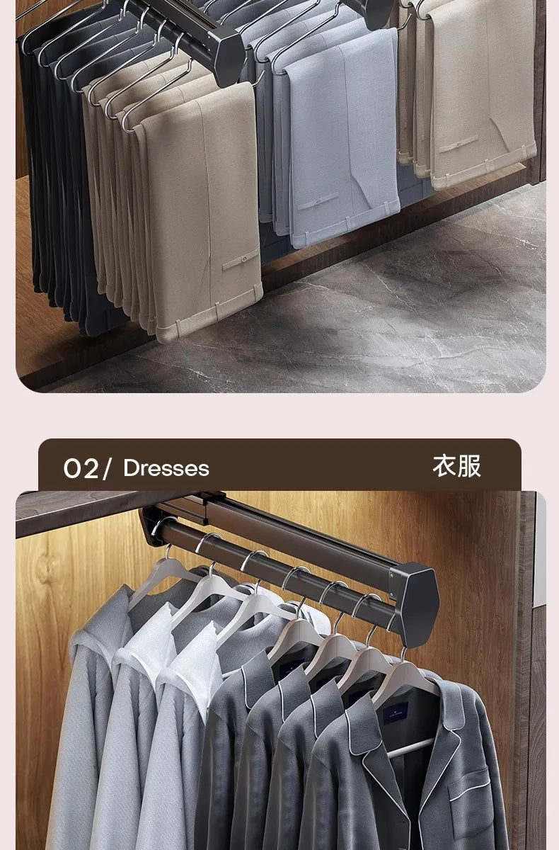 Multifunctional Wardrobe Trouser Hanger with Built-In Telescopic Pants Storage Pull-Out Clothes Rail Shelf Wardrobe Organizer